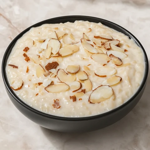 Creamy badami kheer topped with sliced almonds at Lutf Indo-Pak Cuisine